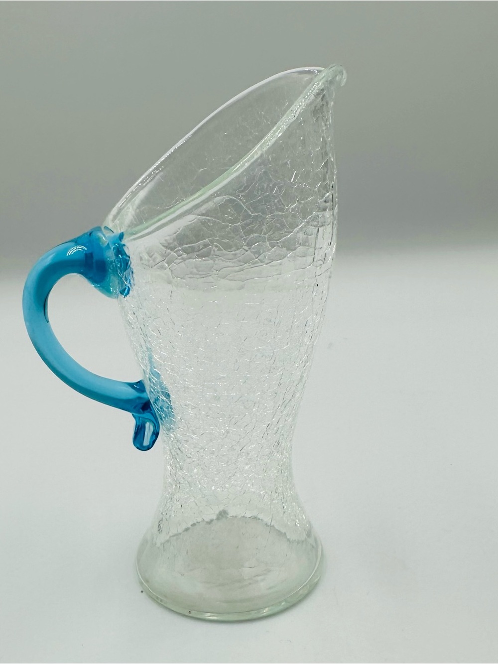 Clear Crackle Glass Pitcher with Blue Handle